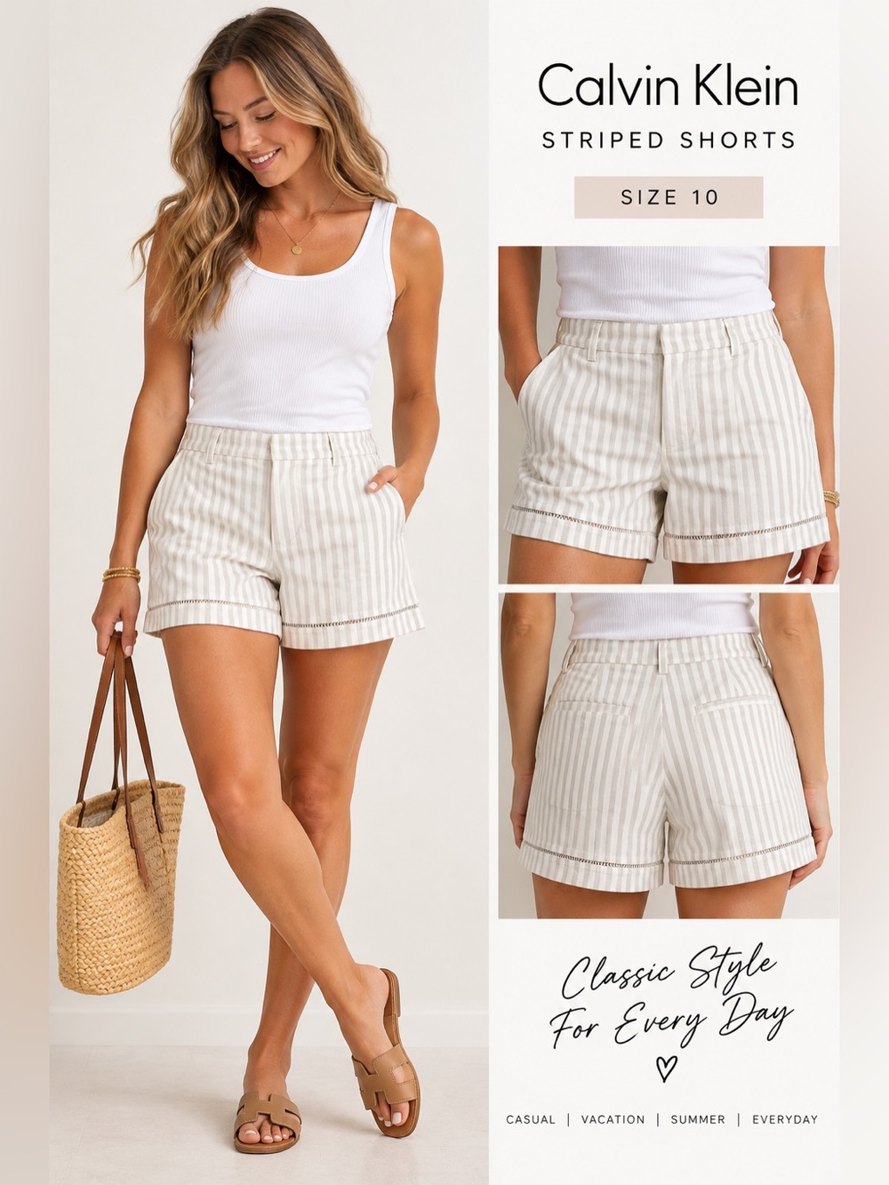 Calvin Klein Cream Gray Striped Chino Shorts Size 10